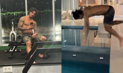 Gabriel Medina treina em academia de sua mansão e se refresca na piscina