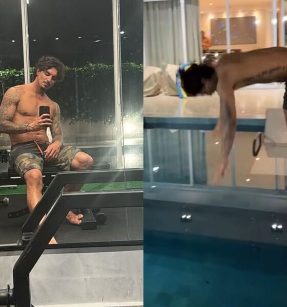 Gabriel Medina treina em academia de sua mansão e se refresca na piscina