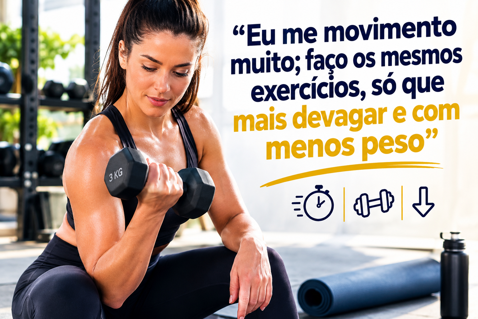 “Eu me movimento muito; faço os mesmos exercícios, só que mais devagar e com menos peso” “Eu me movimento muito; faço os mesmos exercícios, só que mais devagar e com menos peso”
